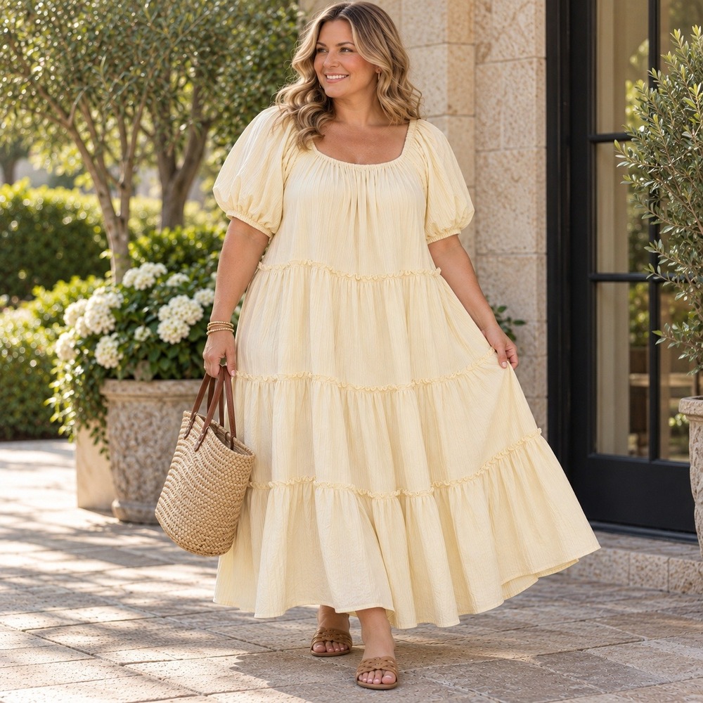 Jacquie The Label Maxi Dress Tiered Crinkle Puff Sleeve Flowy Boho Cream Size XL